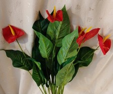 NWT EP Artificial Anthurium Bush - Five Red Fabric Blooms - 19" Tall