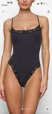 Women s Black One-Piece Bodysuit Lace Trim Spaghetti Straps Stretch Opaque