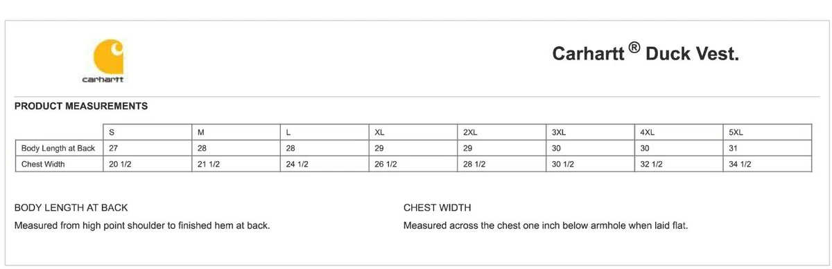 Carhartt vest size chart top