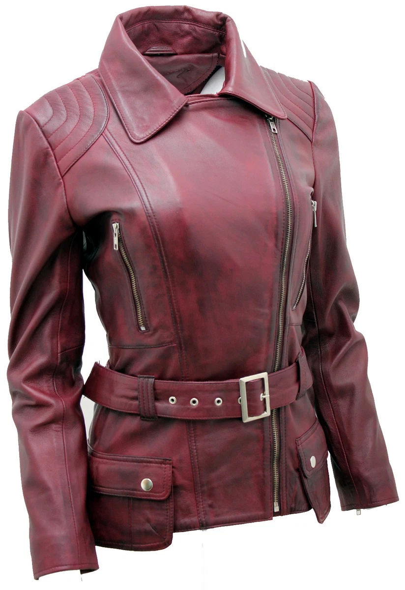 Femmes Bordeaux Longue Vintage F minin Cuir Veste Motard