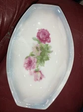 Antique Germany Pink Roses Blue and White Trinket Candy Dish Porcelain China