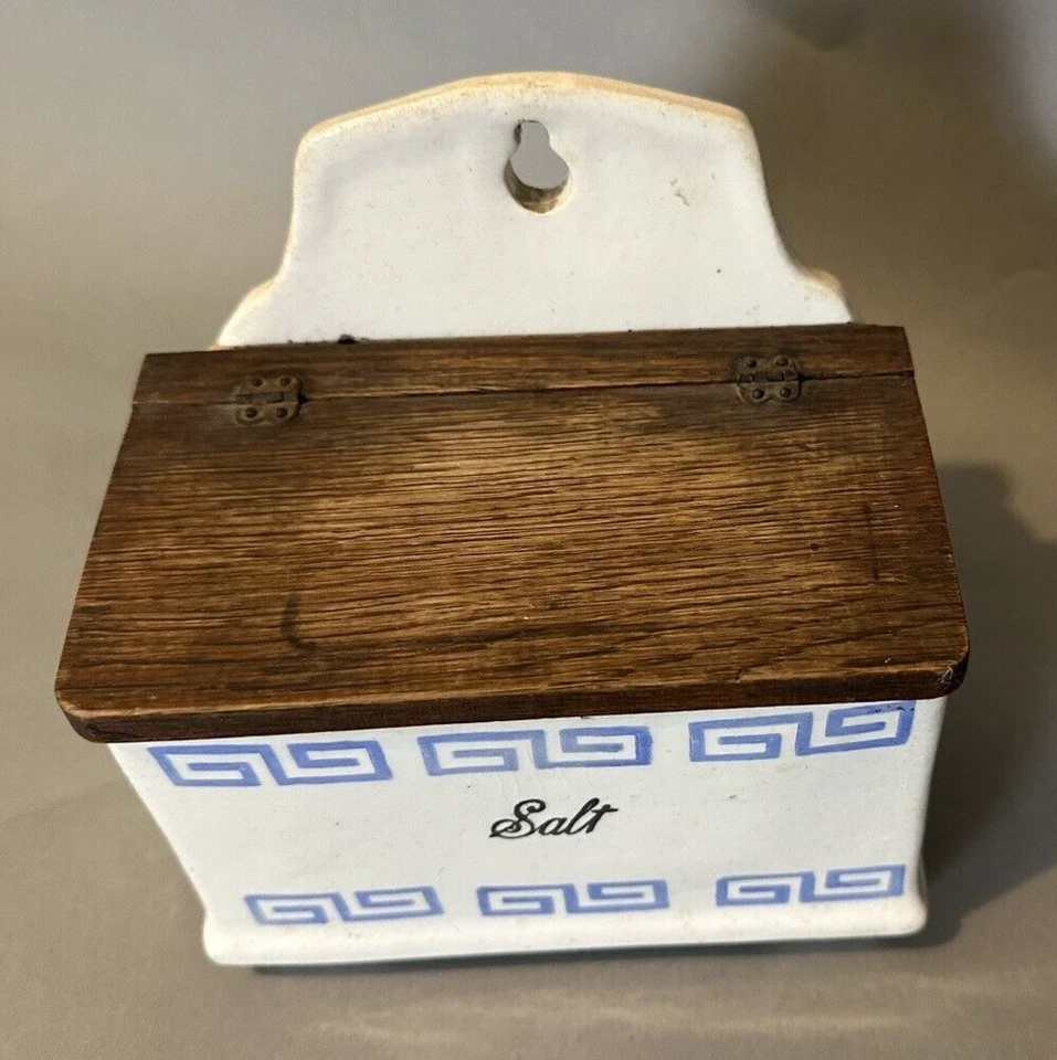 Примитивный антикварный деревенский кухонный фарфоровый настенный контейнер для соли - Изображение 2 из 4