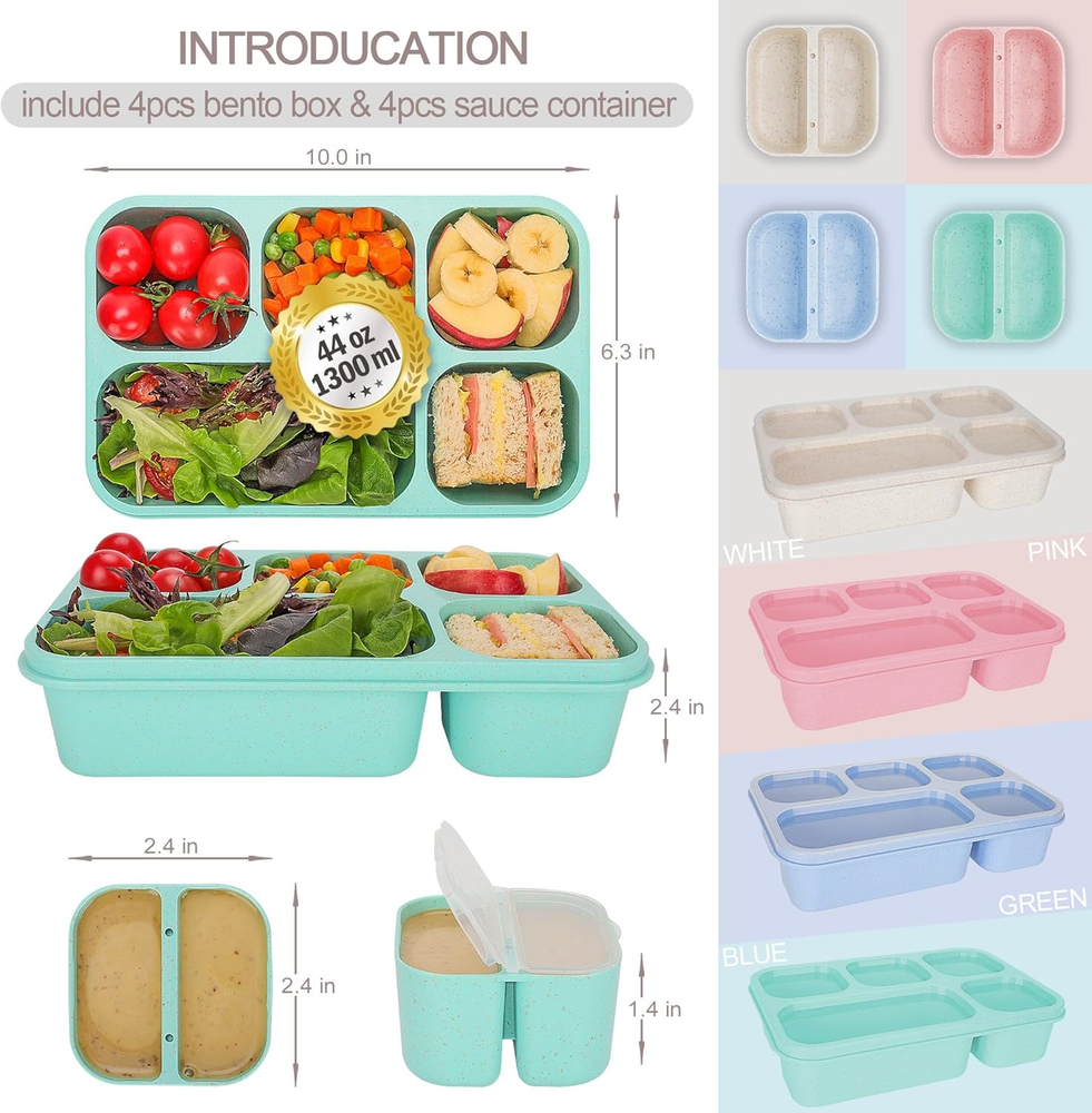 Bento Box Adult 4-Pack 5-Compartment Reusable Meal Prep Containers for Food Storage