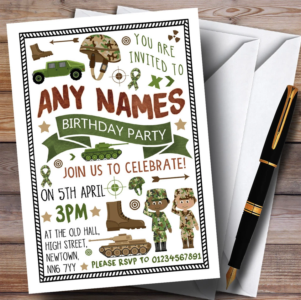 THECARDZOO Camouflage Army Soldier Childrens Birthday Party Invitations