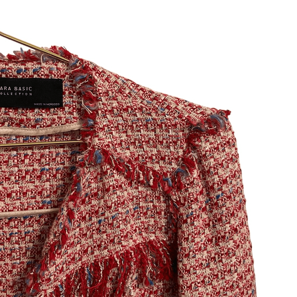 Zara Basic Collection Fringe Tweed Open Front Jacket Red, White Blue