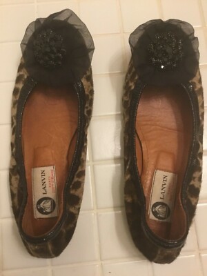 Lanvin Flats 37.5 Brown Leopard Calf Hair Ballerina Jeweled Embellished Shoes 
