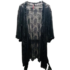 Seven Til Midnight Lace Kimono Robe Women's M/L Belted Black 3/4 Sleeve EUC