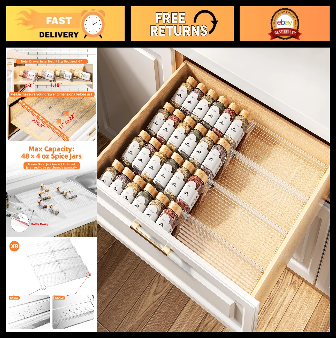 Clear Spice Drawer Organizer Set - 4 Tier Expandable Spice Rack for Kitchen Stor