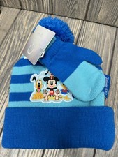 Disney 100 Blue Striped Hat Beanie  Gloves Set 2T-4T Kids