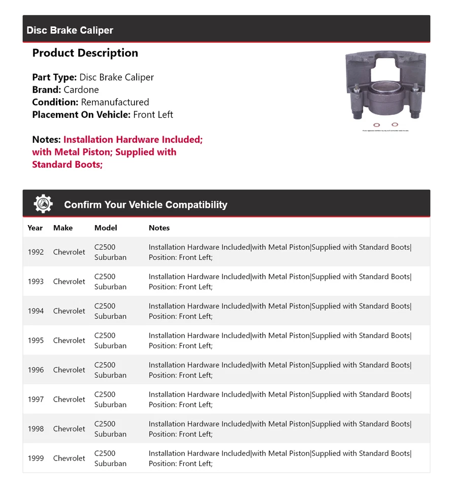 Pinza de freno de disco delantera izquierda cardona para Chevrolet C2500 Suburban 1992-1999 Foto 2 de 4