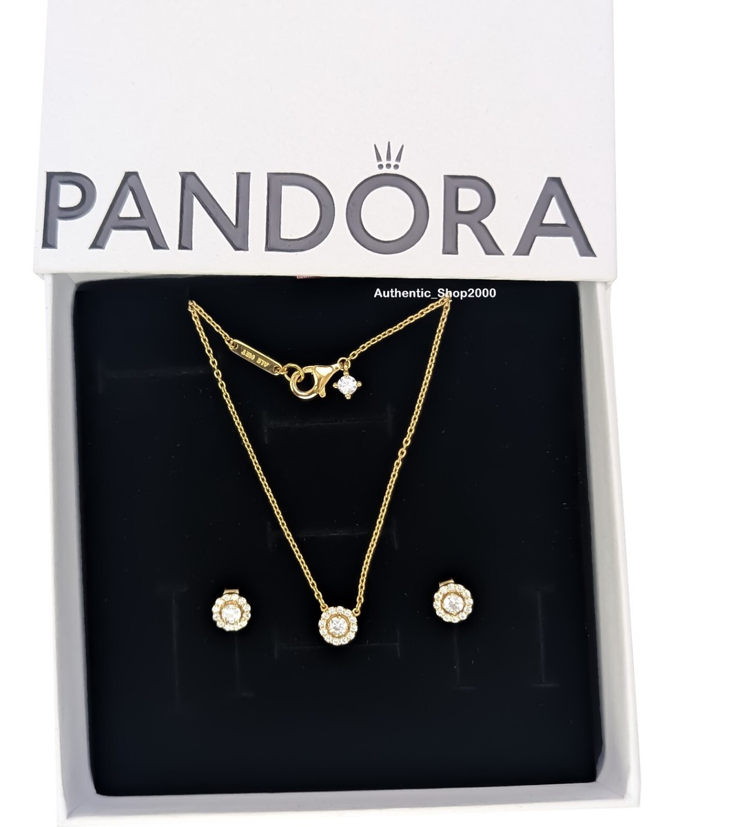NEW 100% PANDORA 14K G Round Pave Halo Stud Earrings + Necklace