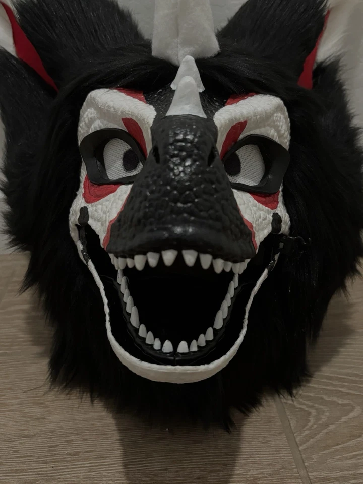 Dino Mask Fursuit Head black white and red with huge fluffy ears! - Image 4 of 4