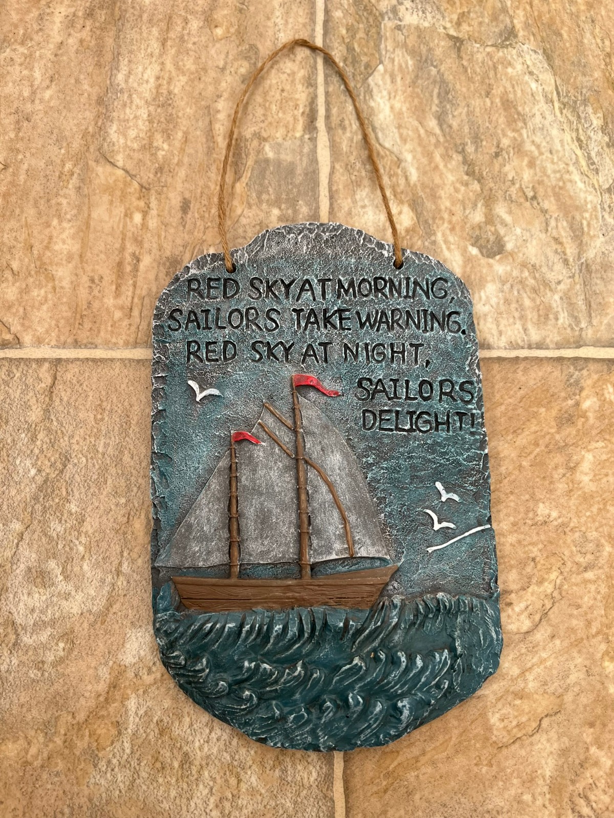 Nautical Schooner Resin Plaque “Red Sky at Morning...." Ready to Hang Slate-like