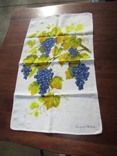 Off-White Linen Green Leaves Purple GRAPES Printed Tea Towel Signed 15" x 26"