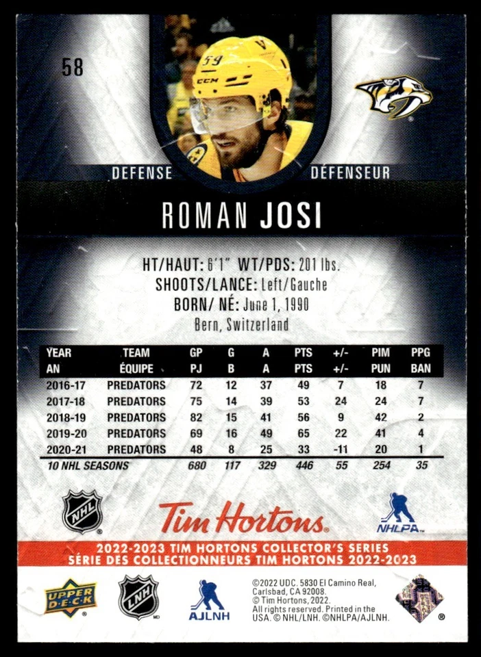 2022 Upper Deck Tim Hortons #58 Roman Josi - Nashville Predators - Image 2 of 2