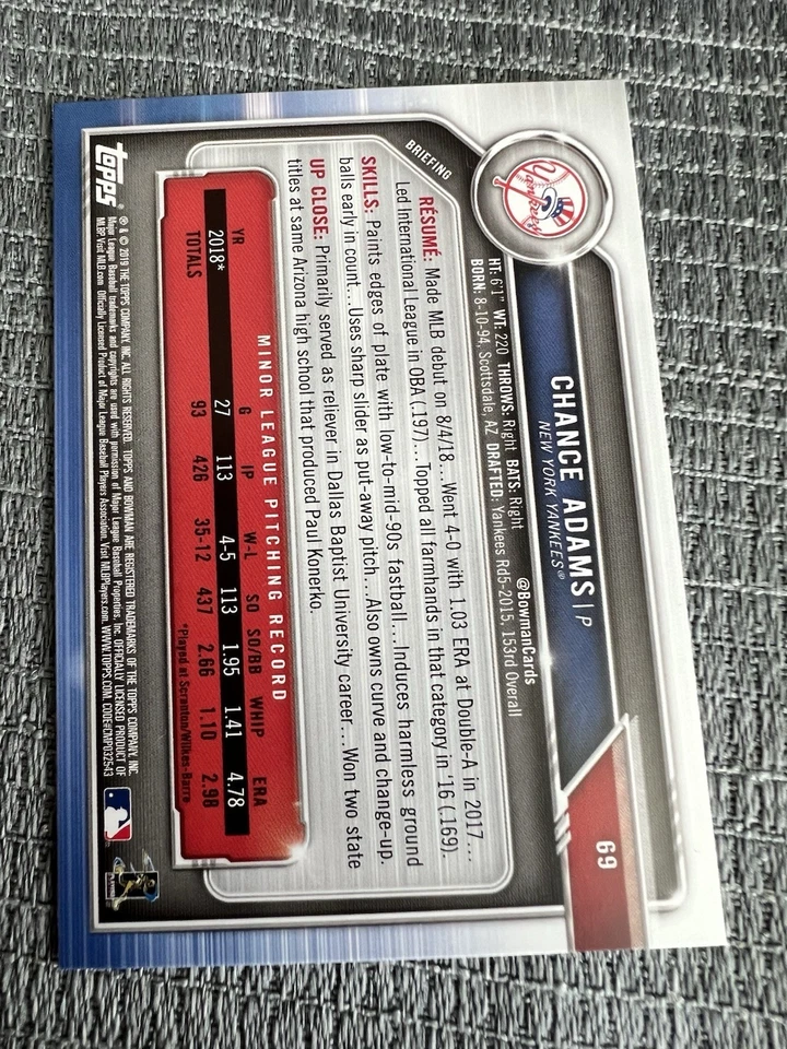 2019 Bowman - Chance Adams #69 (RC) - Image 2 of 2