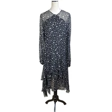 Worth New York 8 100% Silk Black & White Star Celestial Long Sleeve Midi Dress
