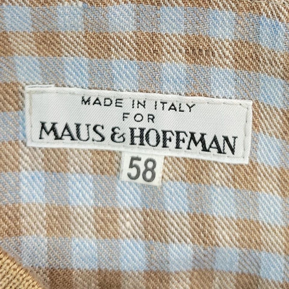 Maus & Hoffman 58 3XL Made in Italy Brown Blue Gingham 100% Flax Bomber Jacket - Image 4 of 4