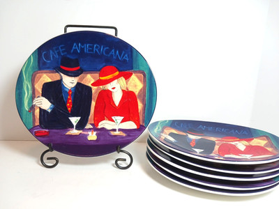 6 Vintage 1998 Sango ''Cafe Americana'' #4911 Oval Salad Plates 8''x7.5'' Stoneware