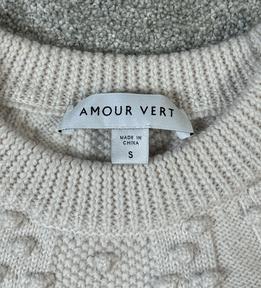 Suéter de Lana Suave AMOUR VERT-Mujer Pequeño-Clásico Crew-Pom Tejido-¡Como Nuevo! Foto 3 de 4