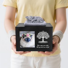 Cat Urn for Ashes, Wooden Tree Pattern Cat Keepsake Box with Photo Frame, Resin