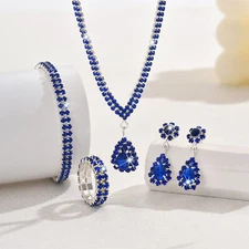 Blue/Black Rhinestone Teardrop Necklace Earrings Bracelet Ring Jewelry Set