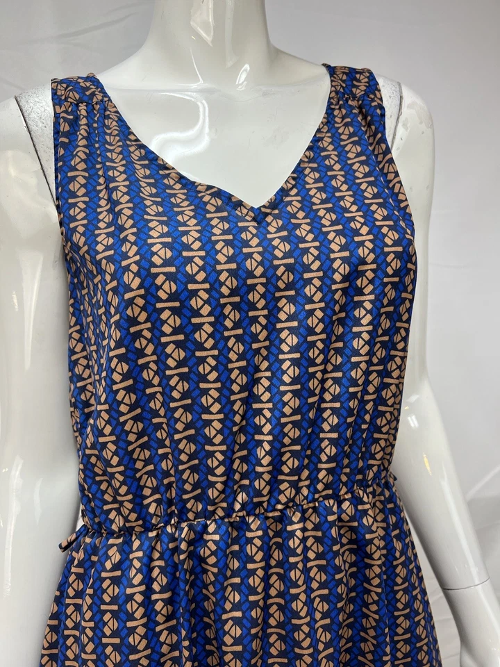Vestido para mujer Maeve Anthropologie sin mangas azul tostado geométrico alto-bajo L Foto 3 de 4