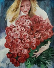 YARY DLUHOS Woman Roses Floral Female Figure Portrait Original Oil Painting