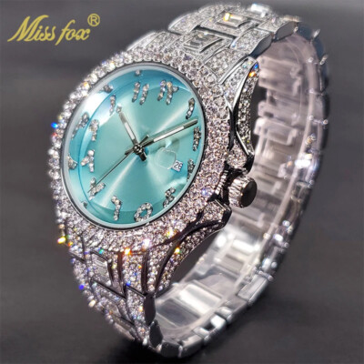 MISS-FOX Iced Out Hip Hop Luxury Watch Quartz Bling Gold Diamond Wristwatch