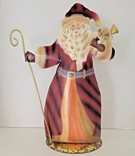 Vintage 1998 Enesco Metal Figure Old World Santa 10” Red Coat Puppy