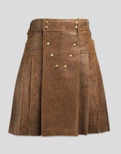 Men's Real Vintage Leather Pleated Kilt Side Laces Pocket Clubwear Utility Kilt