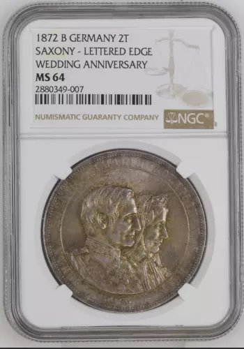Germany Saxony 1872 Wedding 2 Thaler Taler NGC MS64 Silver Coin