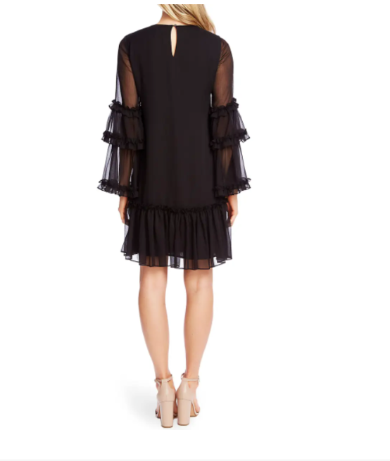 CECE Black Bardot Sheer Ruffle Bell Sleeve Chiffon Crinkle Cocktail Dress S  4/6 | eBay