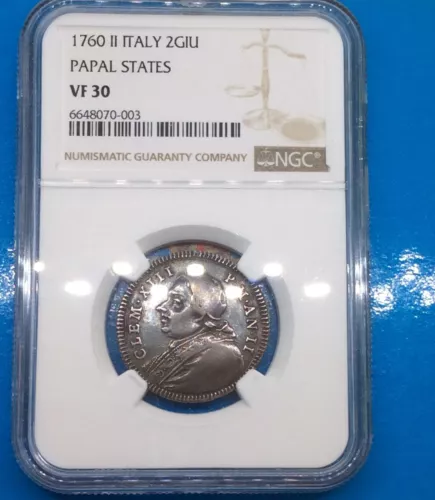 Vatican Clement XIII 1760 Doppio Giulio (Double - 2)  NGC VF 30 3R - RRR !