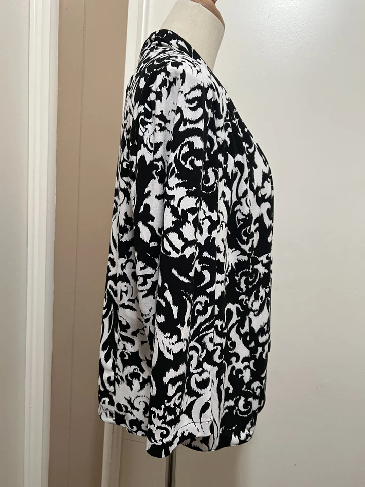 Alberto Makali 女式垂褶开襟开衫黑色和白色 3/4 袖 L — 第 3/4 张图片