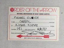 1987 Nisha Nimat 181 Ordeal Order of the Arrow Membership Card BSA Paperwork