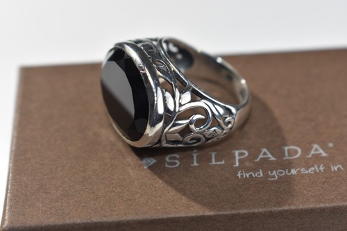 Anello SILPADA R2045 argento sterling calcedonio fumè vortice filigrana taglia 7 onice WOW - Foto 11 di 12