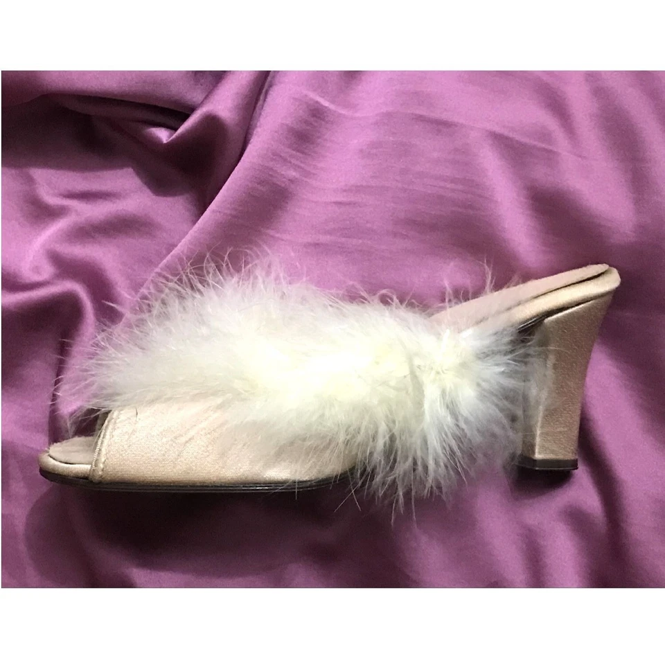 6B Vintage 1940 1950s Marabou Mules Boudoir Zapatillas Mules Peep Toe Zapatos Foto 3 de 4