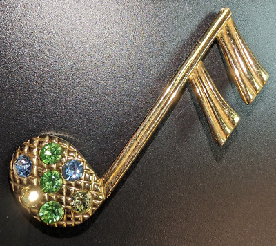 Vintage 3'' Double Flag Pastel Crystal Gold Tone Large Music Note Hat Suit Brooch