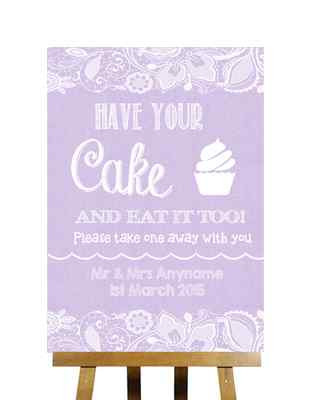 Lila Sackleinen & Spitze Effekt Kuchen Cupcake Süßigkeiten Buffet personalisiert Hochzeit Schild