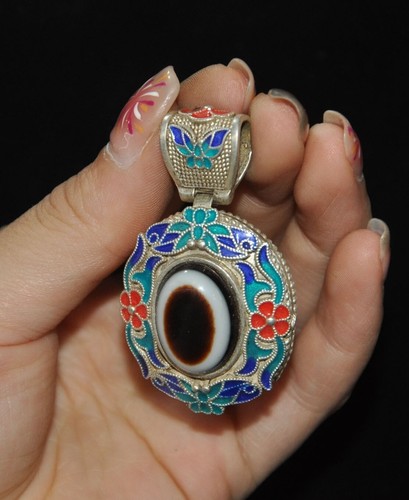 2" old Tibet Tibetan silver Inlay dzi Agate fushou flowers Talisman pendant - Picture 3 of 6