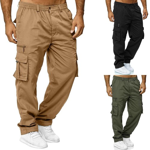 Mens Stretchy Cargo Combat Work Pants Elastic Waist Multi Pockets Trousers NEW