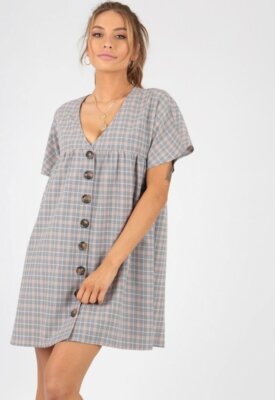 Womens Ladies Grey Checked Mock Horn Button Smock Dress | eBay Womens Ladies Grey Checked Mock Horn Button Smock Dress | eBay