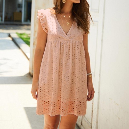 California Romper Hollow Out Mini Sexy V Neck Casual Ruffles Short Sleeve Dress - Picture 6 of 20