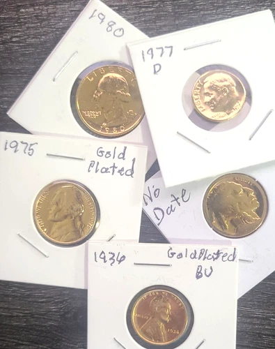 24k Gold Plated Quarter Dime Nickel Buffalo Penny Uncirculated Coin Collection