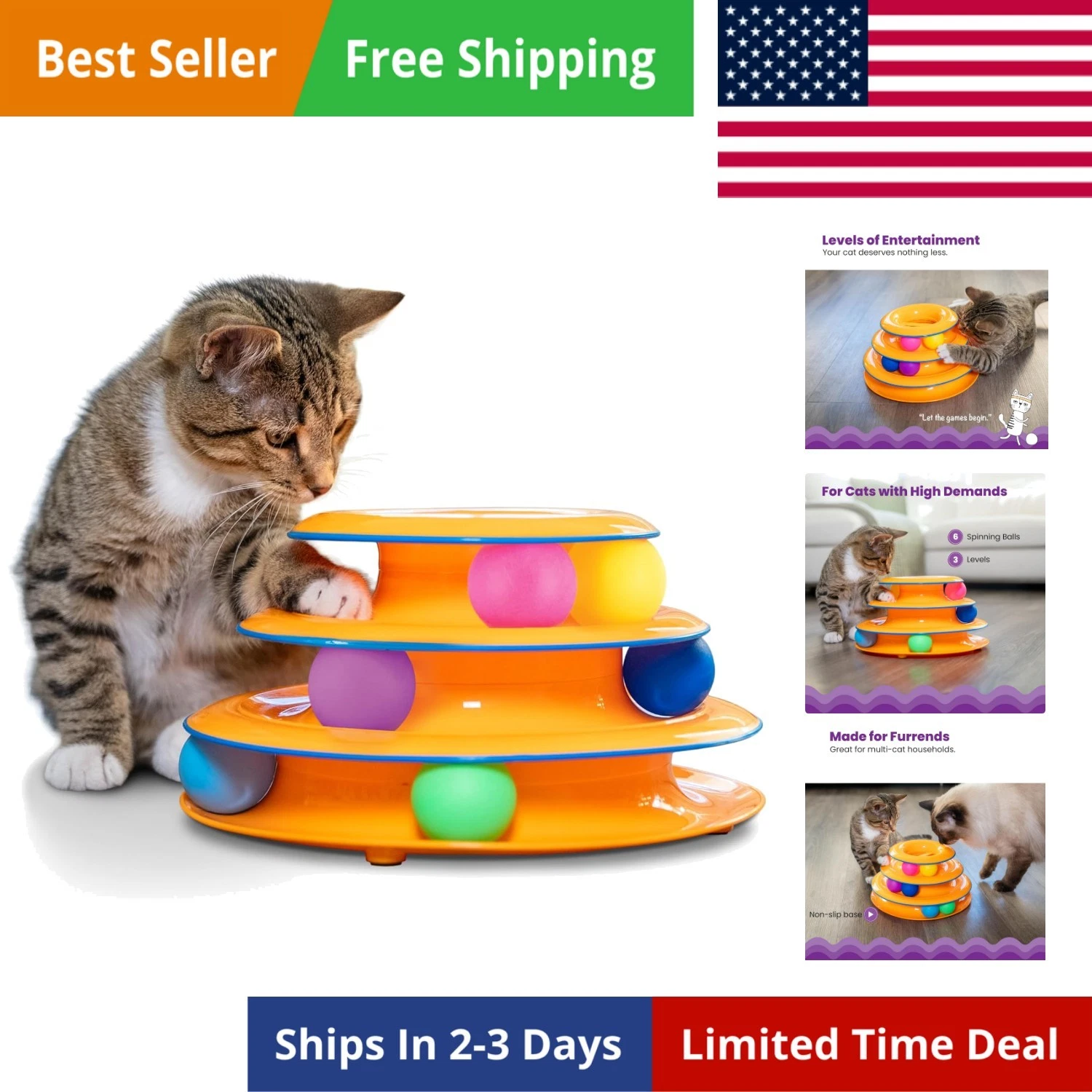 Tower of Tracks Cat Toy – 3-Level Track Tower with 6 Balls, Interactive Cat T...
