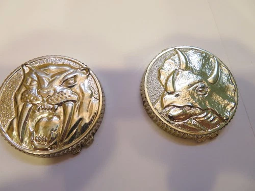 Vintage Bandai Power Rangers Lot (2) MMPR Coins Saber Tooth Tiger & Triceratops