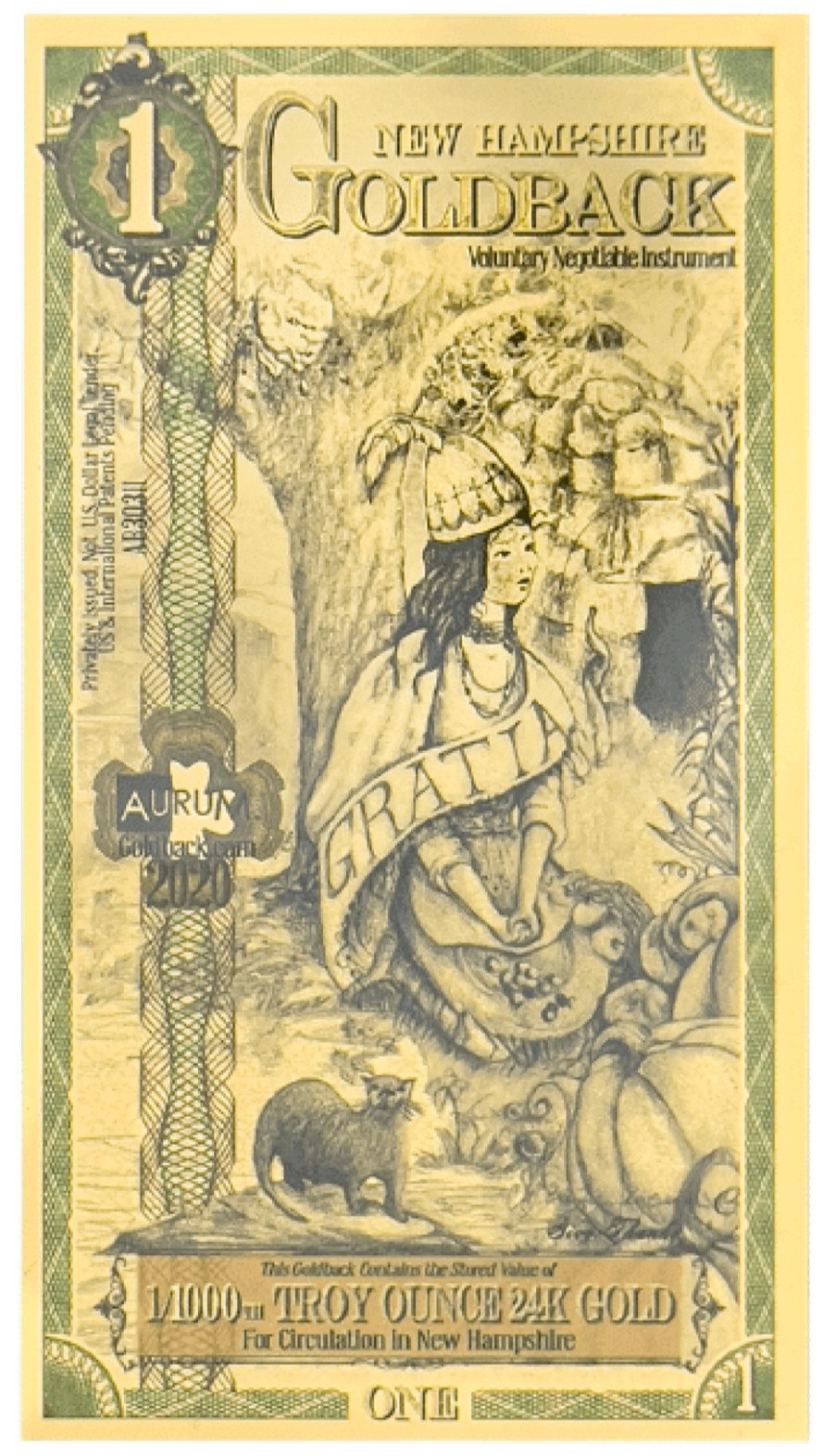 2020 New Hampshire 1 Goldback *FIRST YEAR OF ISSUE* (Gratia, Grace)