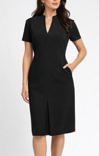 Talbots Black Stretch Sheath Dress Size 6 V Neck Short Sleeve Pockets Career