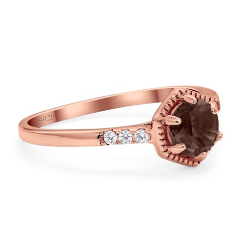 Hexagonal Round Natural Chocolate Smoky Quartz Ring 925 Sterling Silver 10mm - Picture 16 of 22